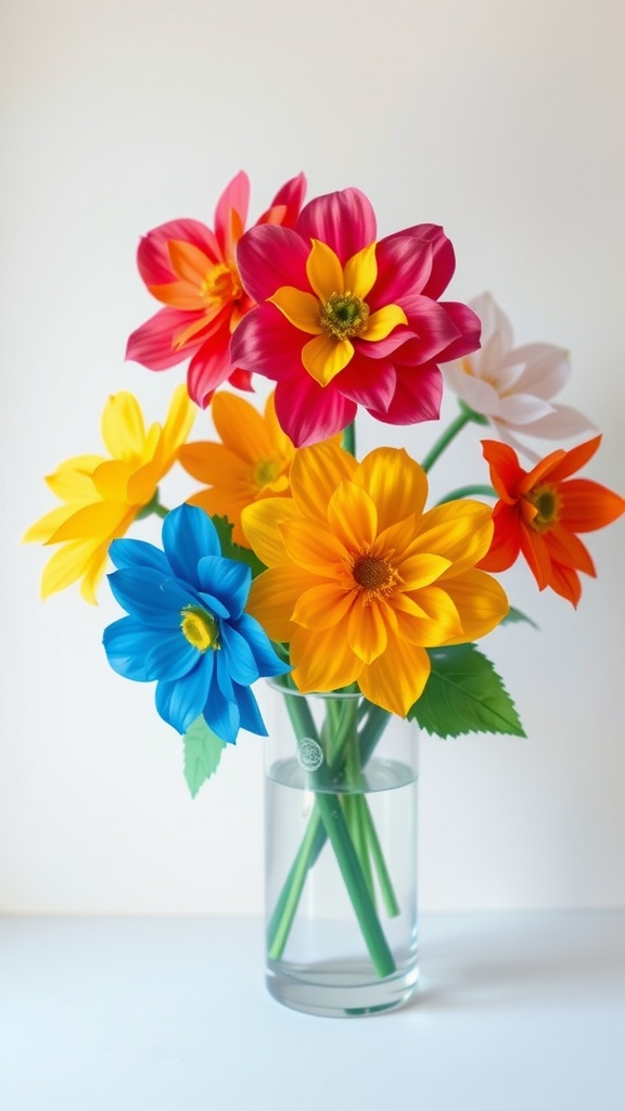 Colorful tissue paper flowers in a glass vase