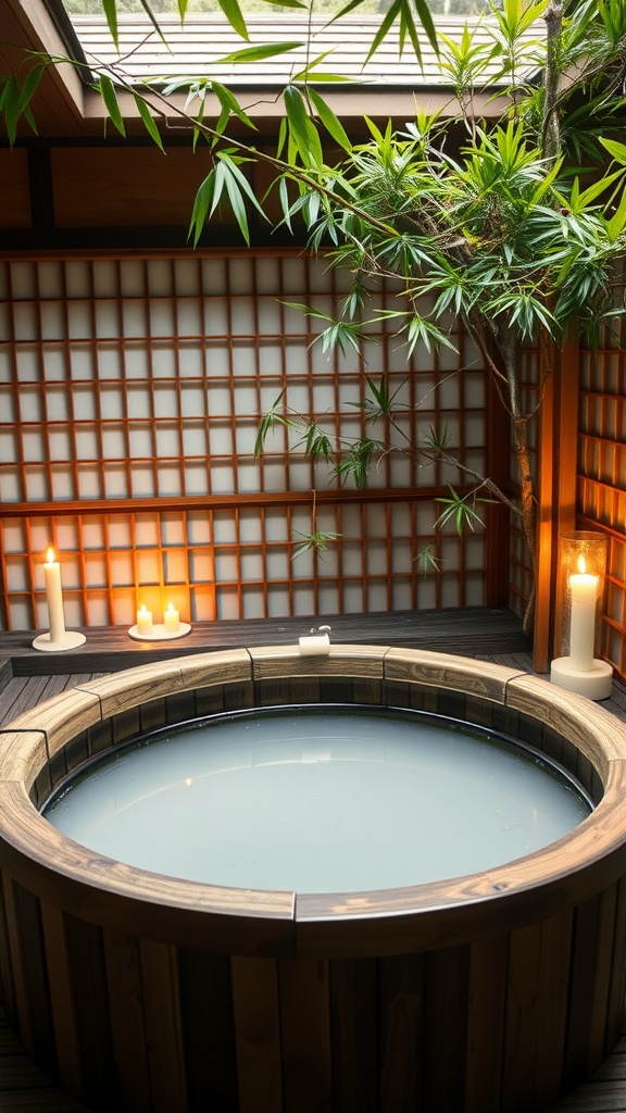 A traditional Japanese Ofuro soaking tub surrounded by bamboo and candles, creating a tranquil atmosphere.