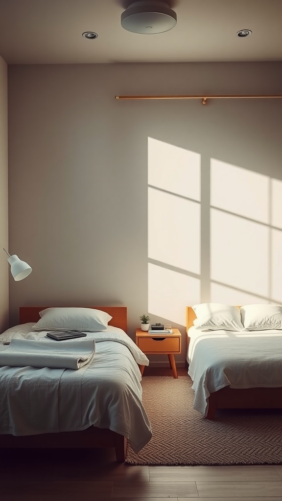 Two simple beds in a small shared bedroom with natural wood frames, light bedding, and minimal decor.