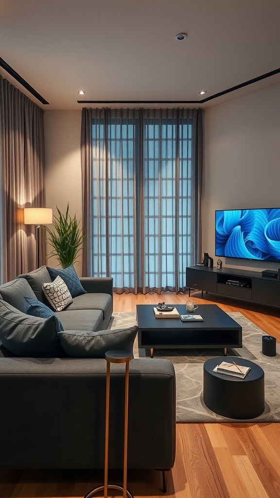 Modern living room featuring a dark gray couch, sleek furniture, and smart technology.