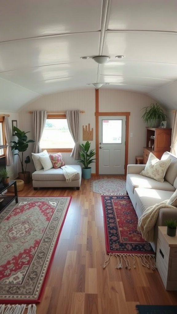 Cozy trailer house living room with layered rugs and comfortable seating.