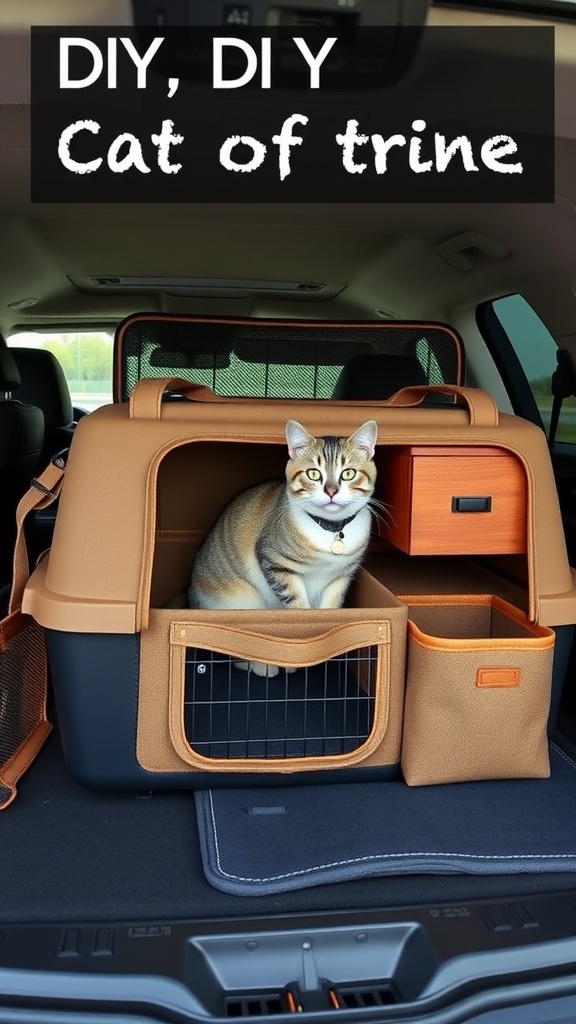 A travel-friendly cat carrier with storage compartments in a car, featuring a cat inside.