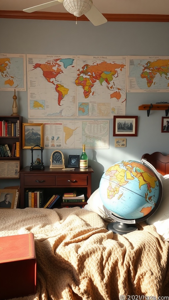 A cozy bedroom featuring world maps on the walls, a globe on the nightstand, and warm lighting.