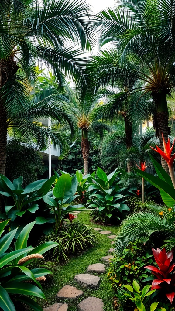 A tropical garden with palm trees, exotic plants, a stone path, and vibrant flowers