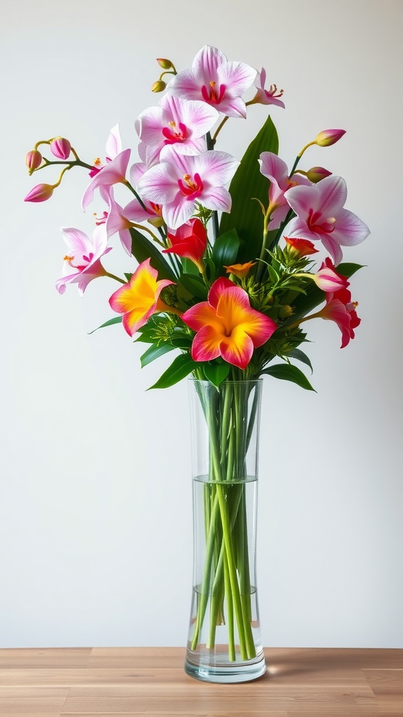 A colorful flower arrangement with pink orchids and yellow flowers in a tall clear vase.