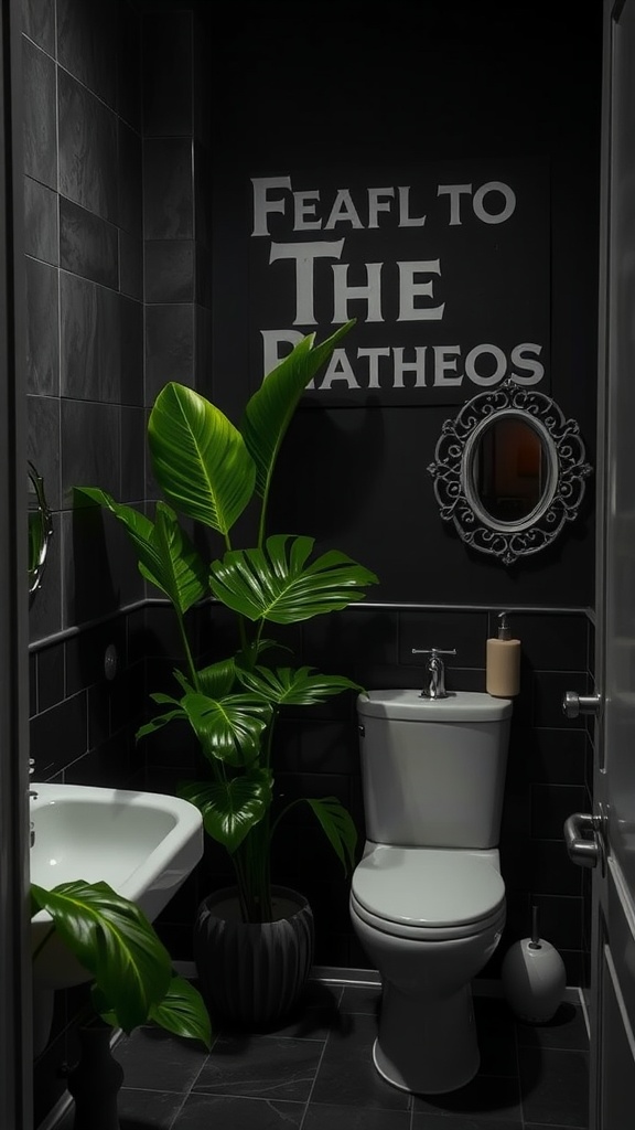 Dark bathroom with tropical plants and a decorative mirror