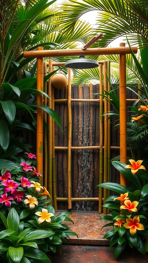 Outdoor tropical shower surrounded by bamboo and colorful flowers