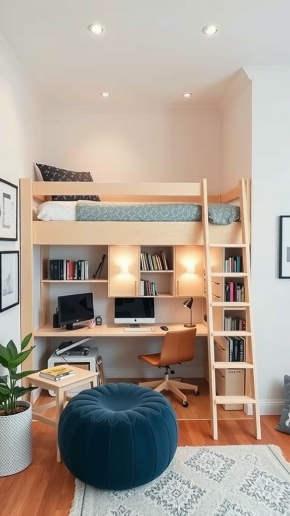 A U-shaped loft bed design featuring a sleeping area above and a workspace below, with a cozy pouf and a plant.