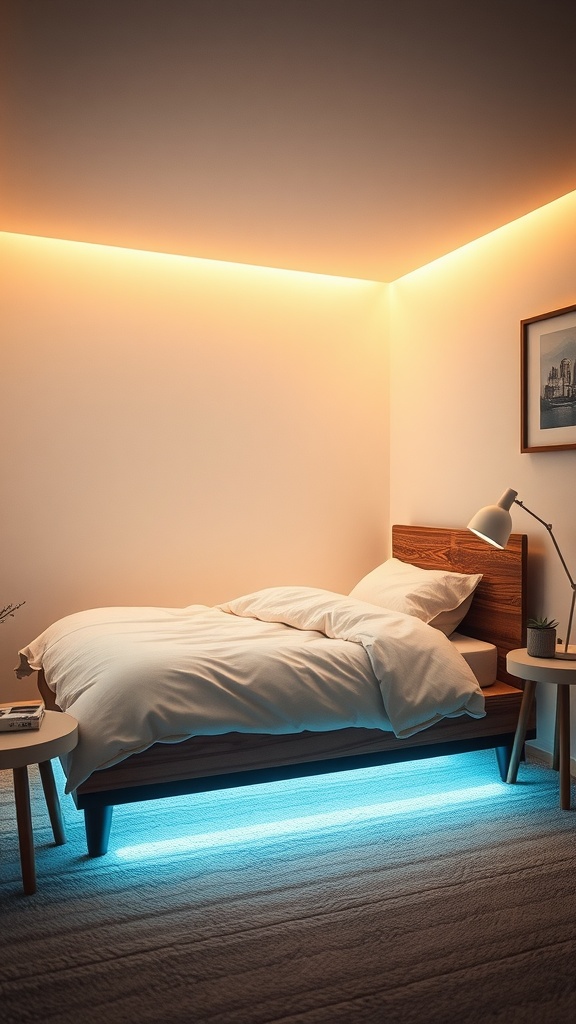 A cozy bedroom with under-bed lighting and warm top lighting, featuring a wooden bed, soft bedding, and a minimalist design.