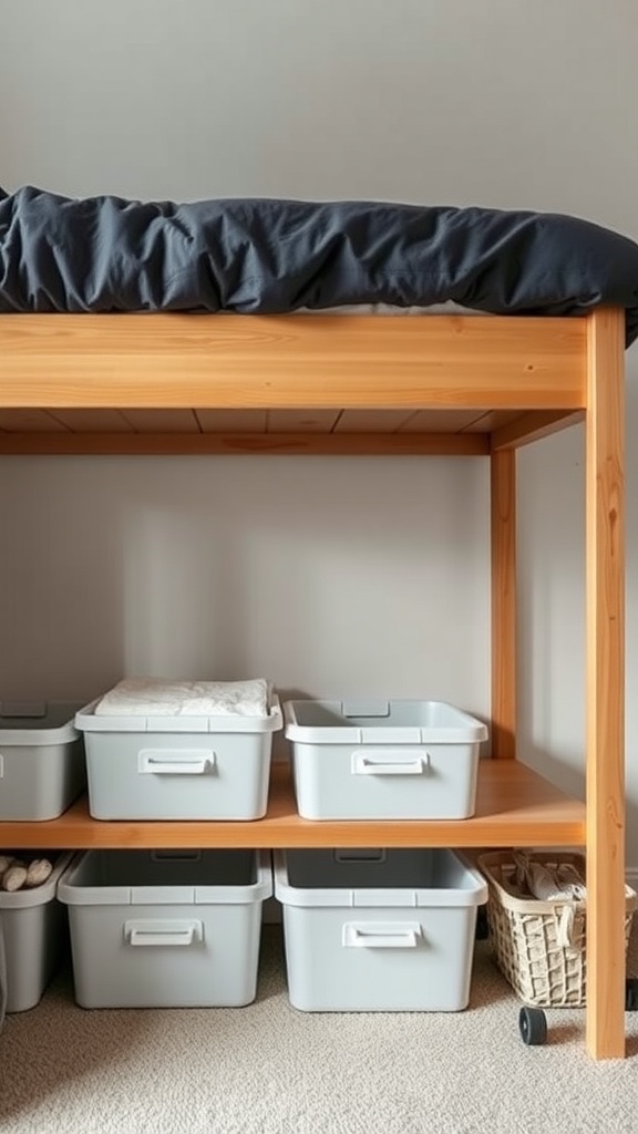 Under-bed storage with gray bins and a wooden bed frame