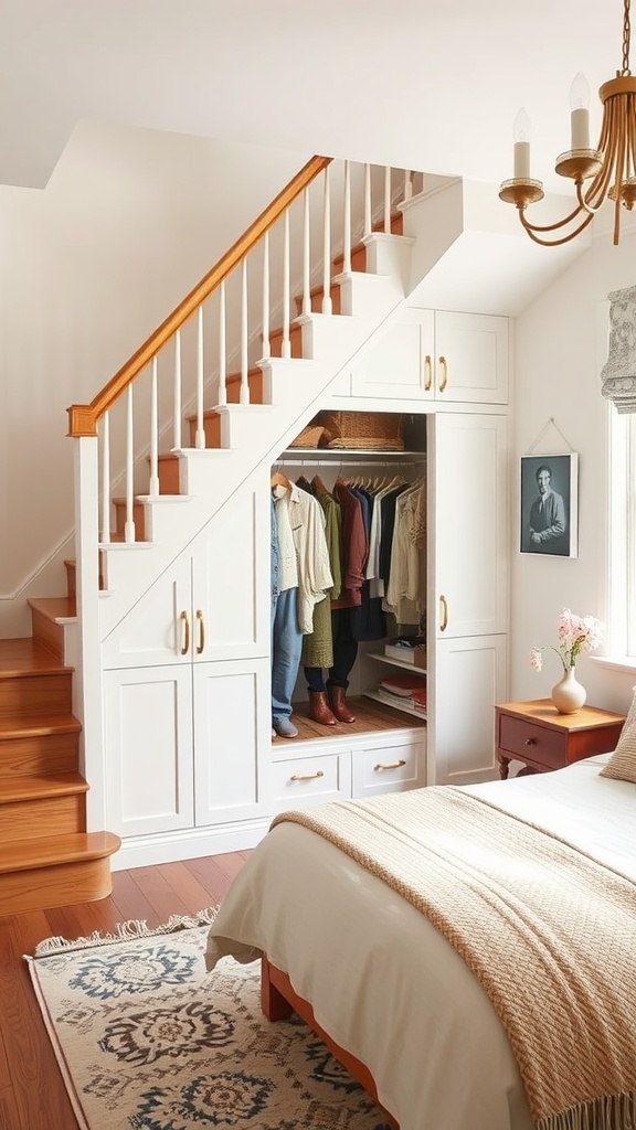 Under-stair wardrobe with white cabinetry and hanging clothes in a cozy bedroom setting.