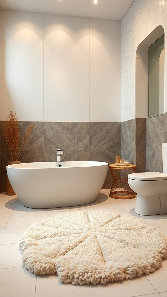 Modern ensuite bathroom with underfloor heating featuring a cozy rug, stylish bathtub, and elegant design.