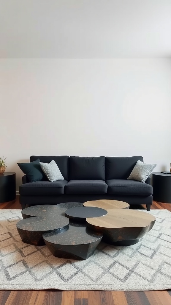 Living room featuring a dark gray couch with unique multi-tiered coffee tables