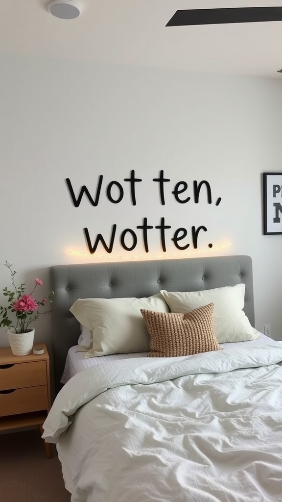 A small bedroom with a gray tufted headboard, decorative pillows, and playful wall art above the bed.