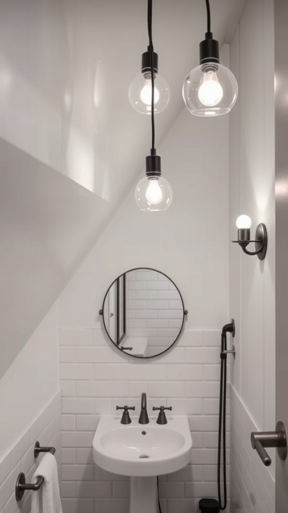 A small bathroom with slanted ceiling featuring three pendant lights, a round mirror, and a modern sink.