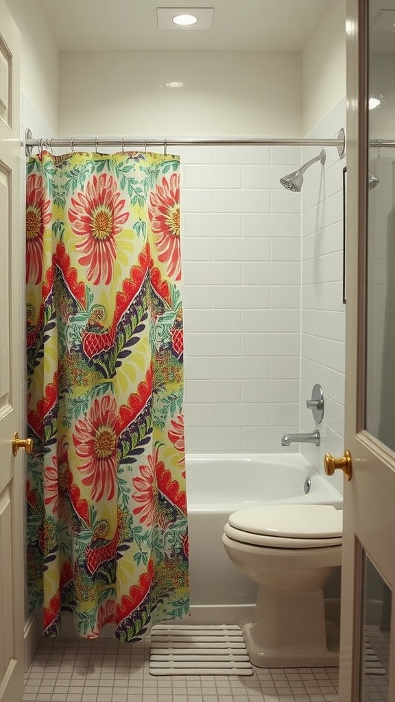 A small bathroom featuring a vibrant floral shower curtain with red, yellow, and green colors, complementing the white tiled walls.