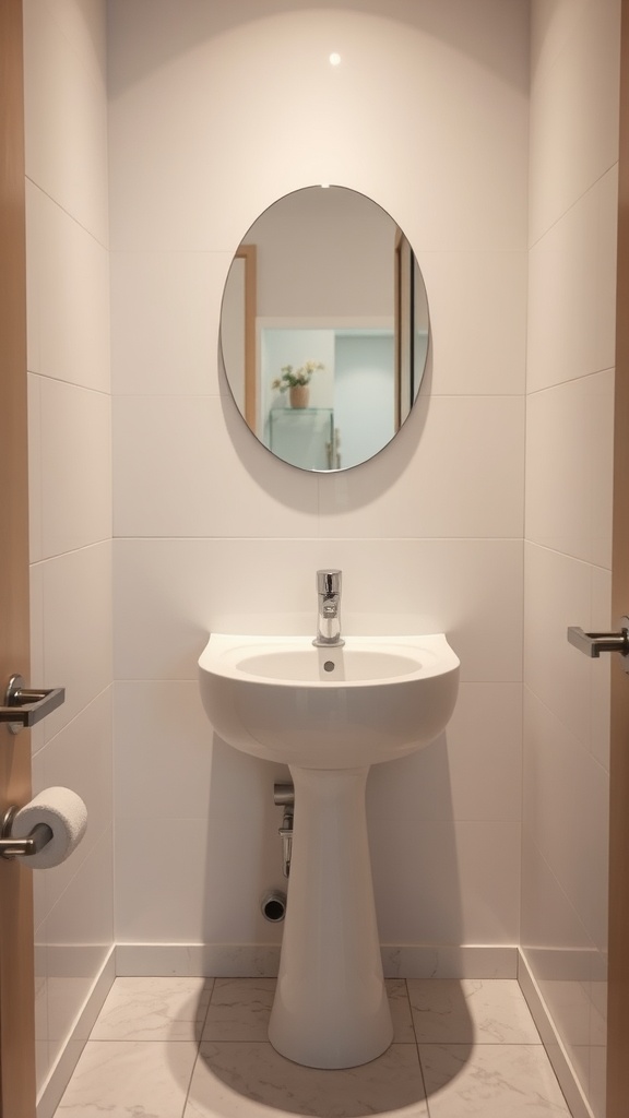 A modern, sleek white sink in a minimalist downstairs toilet with a round mirror overhead.