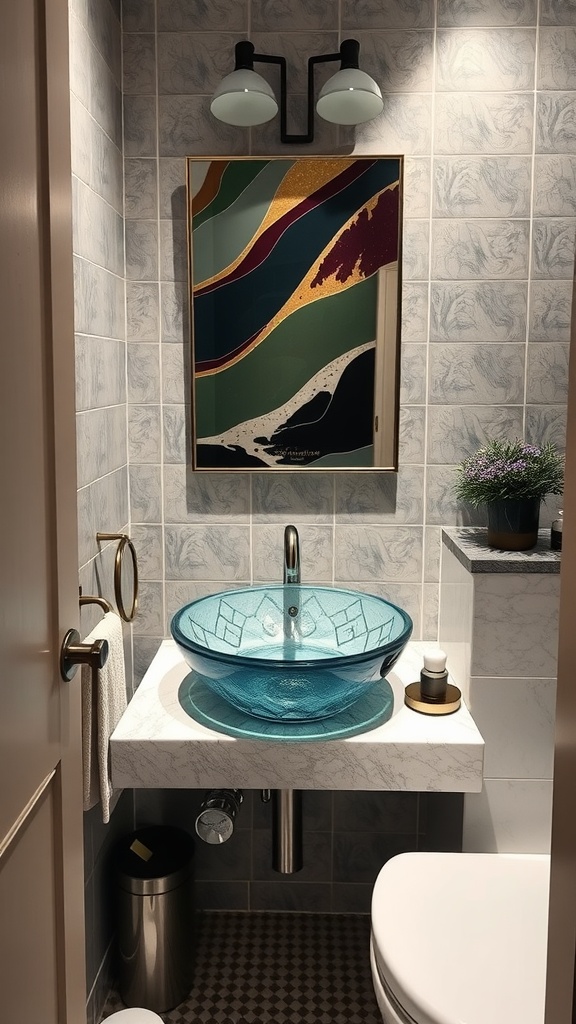 A small bathroom featuring a unique blue glass sink on a white countertop, accompanied by colorful wall art and modern light fixtures.