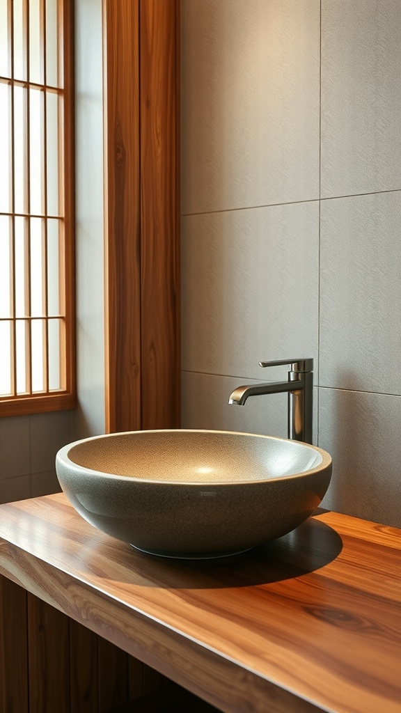 A stylish vessel sink with a round shape on a wooden countertop in a well-lit bathroom.