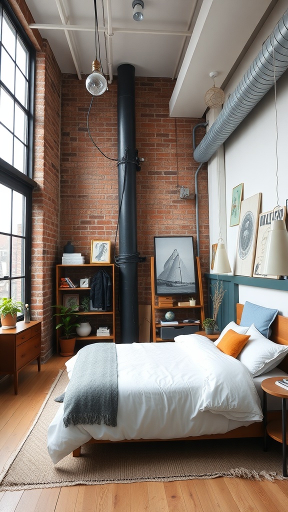 A stylish urban loft bedroom featuring exposed brick walls, large windows, and cozy furniture.