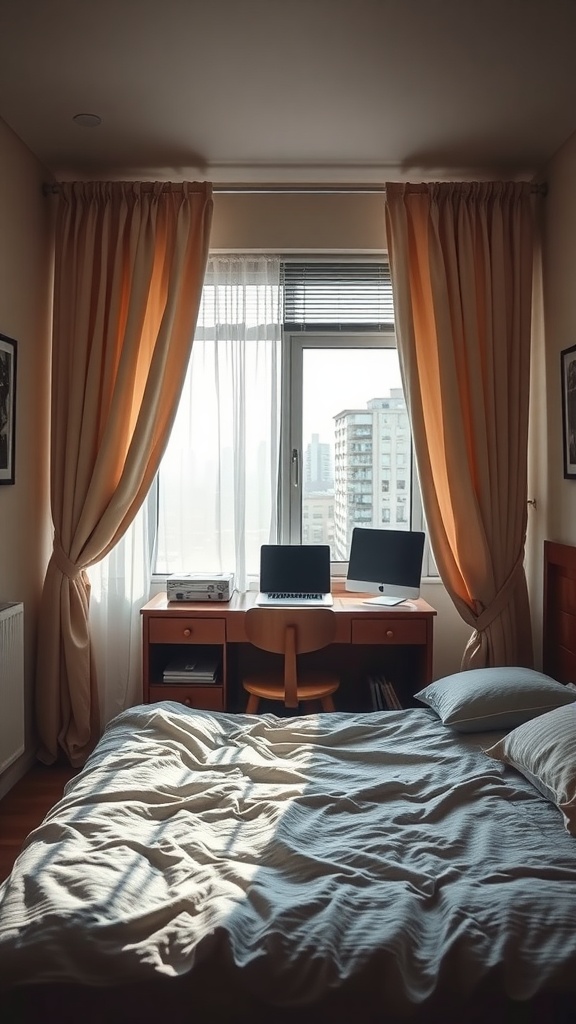 Cozy bedroom with a bed and a workspace, featuring light curtains and a view