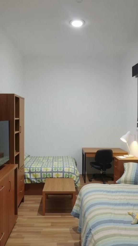 A small shared bedroom featuring two beds, a desk, and a dresser, showcasing space-efficient furniture arrangement.