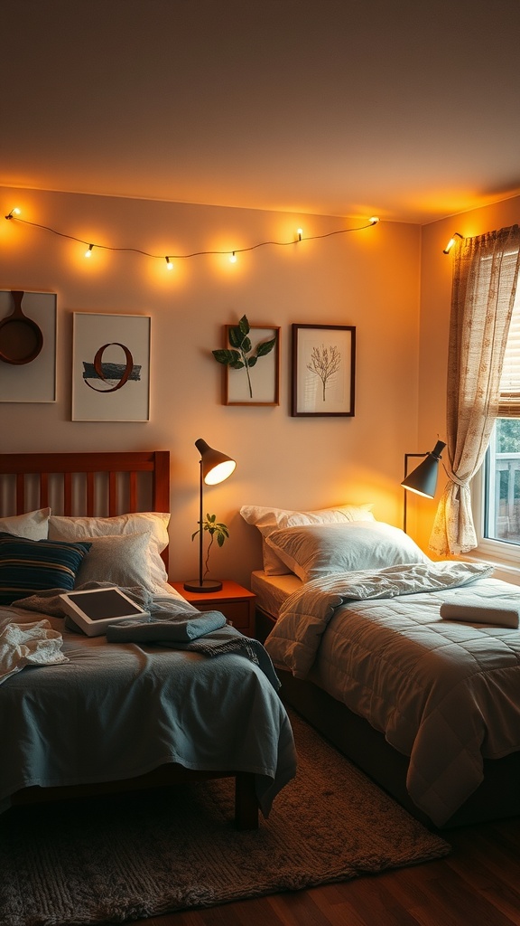 A cozy small shared bedroom featuring two beds with warm lighting from string lights and table lamps