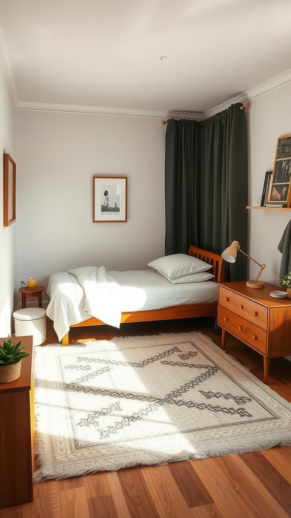 A small bedroom featuring a light-colored rug, wooden furniture, and warm natural light.