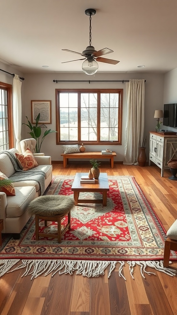 A modern western living room featuring a patterned rug, sofa, wooden floors, and natural light.