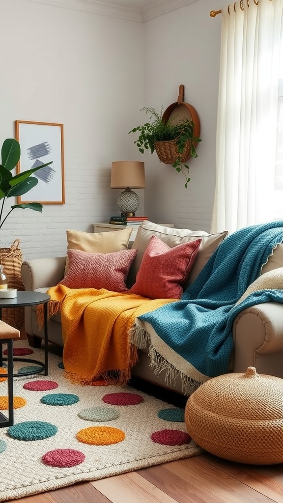 A cozy living room with a sofa covered in colorful throws and cushions, a playful polka dot rug, and warm lighting.