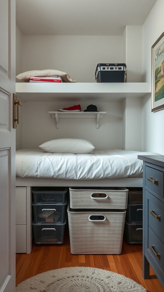 A small bedroom with under-bed storage solutions including clear bins and woven baskets.