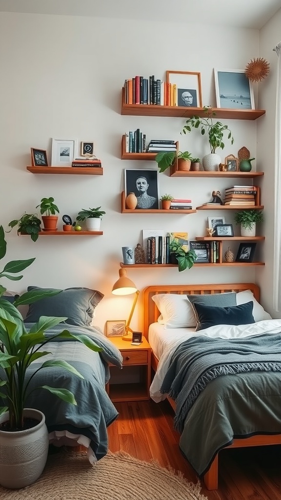 A cozy shared bedroom featuring two beds, a wooden nightstand, and wall shelves filled with books, plants, and photos.