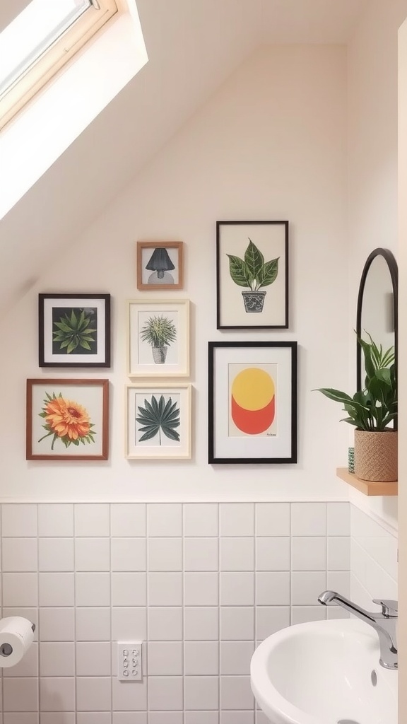 A small bathroom with slanted ceiling featuring framed artwork and a round mirror.