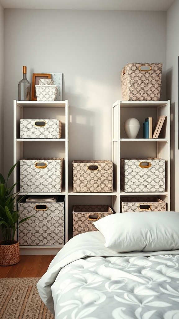 Shelves filled with decorative storage bins in a small bedroom