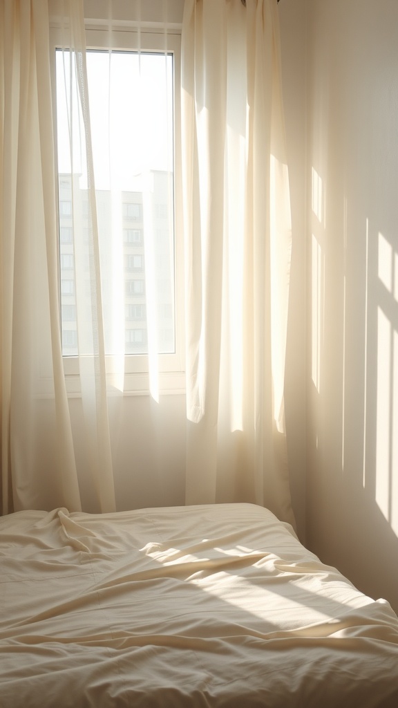 A small bedroom with a bed and sheer curtains allowing sunlight to stream in through the window.