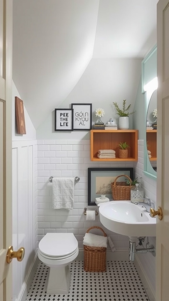 A small bathroom with a slanted ceiling featuring a wall-mounted shelf, decorative items, and a cozy design.