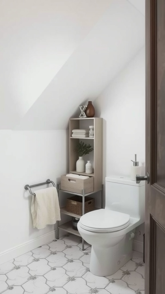 A small bathroom with a slanted ceiling featuring a compact shelving unit and towel rack.