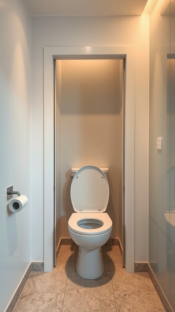 A small downstairs toilet featuring a sleek sliding door for accessibility.