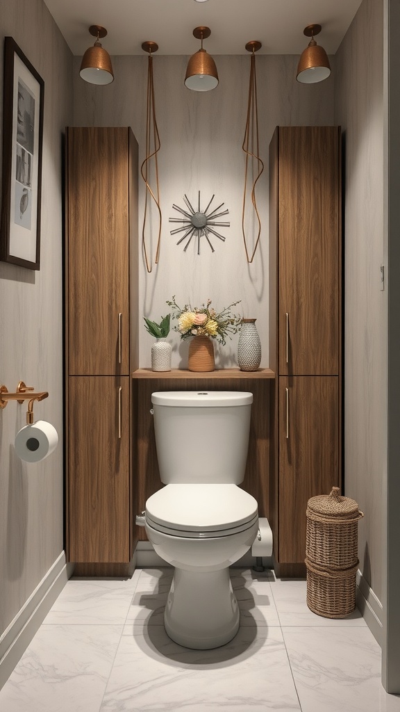 A small toilet room with wooden cabinets, decorative items on a shelf, and stylish pendant lighting.