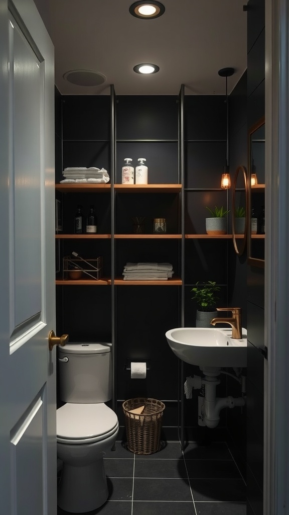 A small dark bathroom featuring vertical storage shelves with towels and plants.