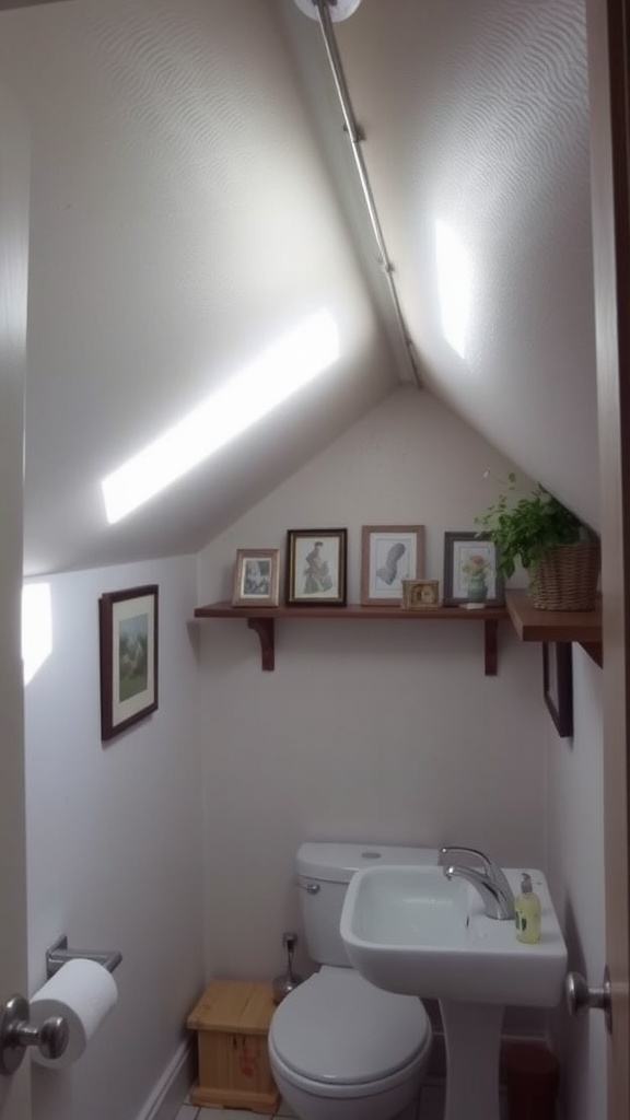 Small bathroom with slanted ceiling and shelves above the toilet