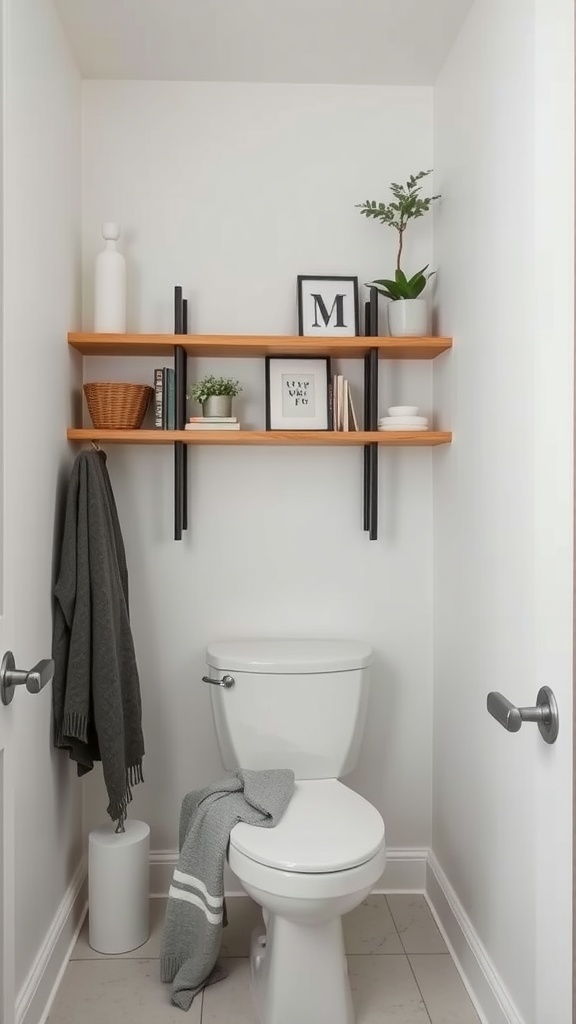 A small downstairs toilet with wooden shelves above a white toilet, decorated with plants and other items.