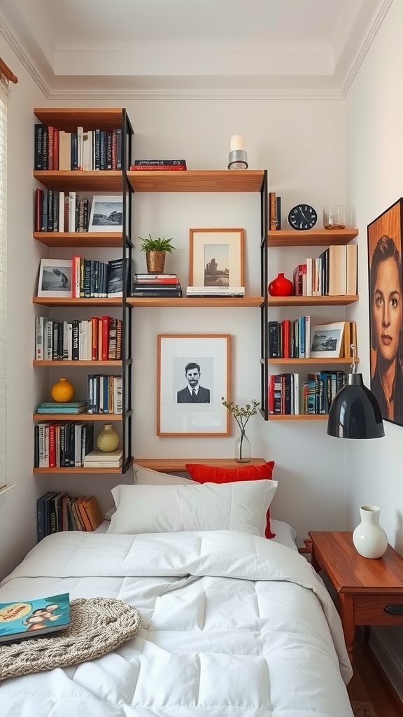 A small bedroom featuring vertical shelving filled with books and decor, a cozy bed, and a stylish bedside lamp.