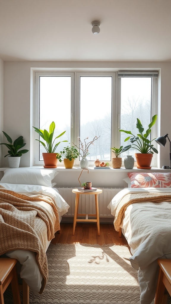 A cozy shared bedroom featuring two beds and a window sill decorated with various plants and personal items.