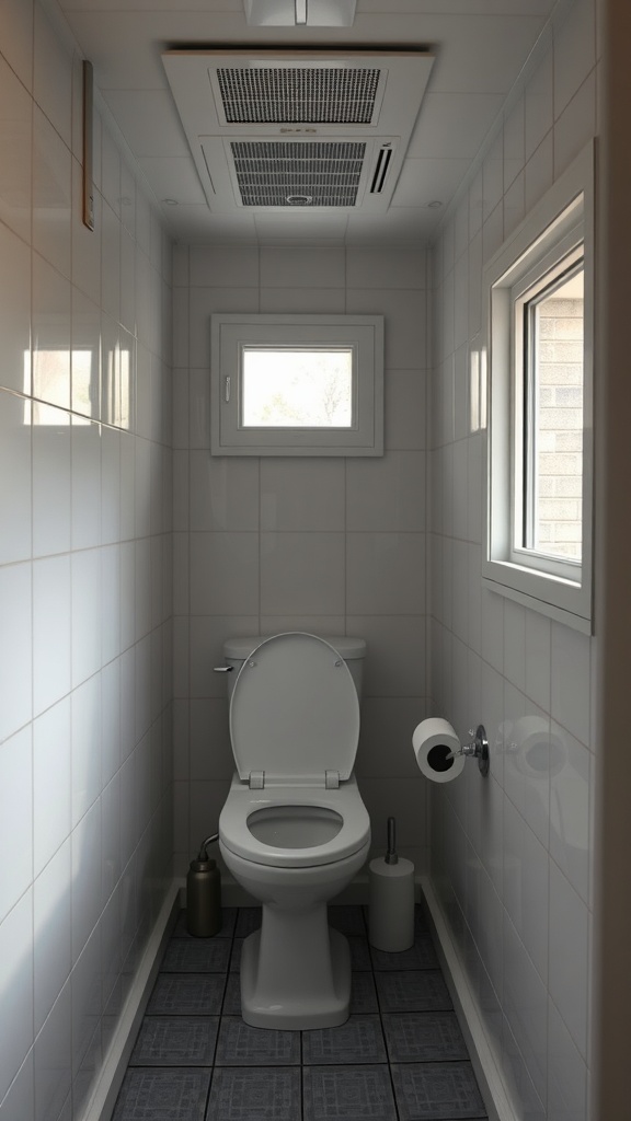 A small toilet room with a toilet, window, and ceiling ventilation system.