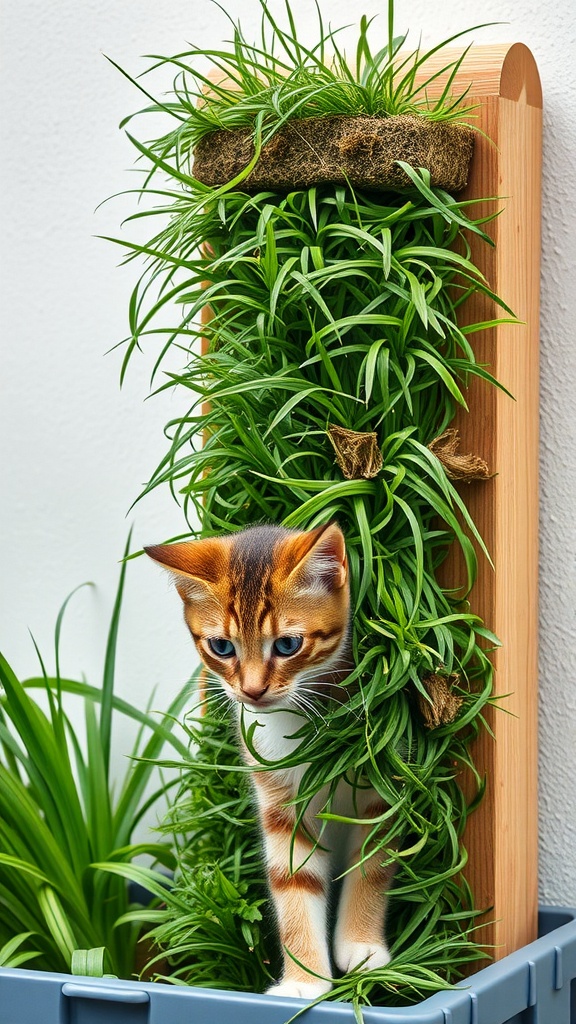 A cat exploring a vertical garden filled with cat grass.