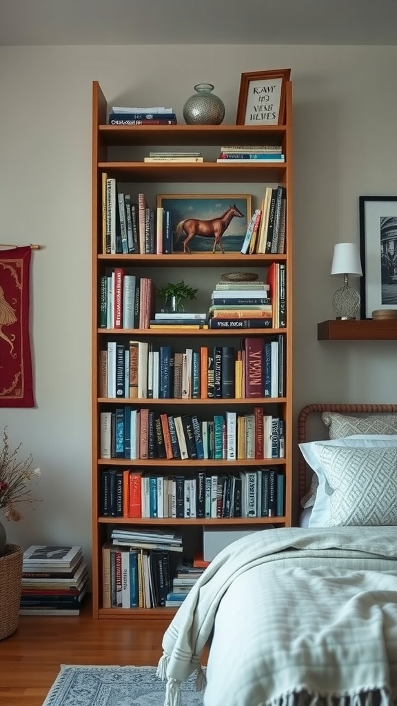 A tall wooden shelving unit filled with books and decorative items in a cozy bedroom.