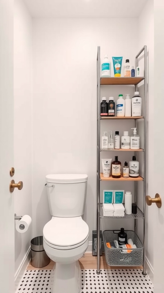 A small bathroom featuring a vertical shelving unit next to a toilet, displaying various personal care items.