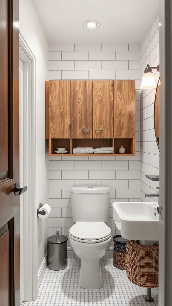 A small bathroom with vertical storage above the toilet, featuring wooden cabinets and neatly arranged items.