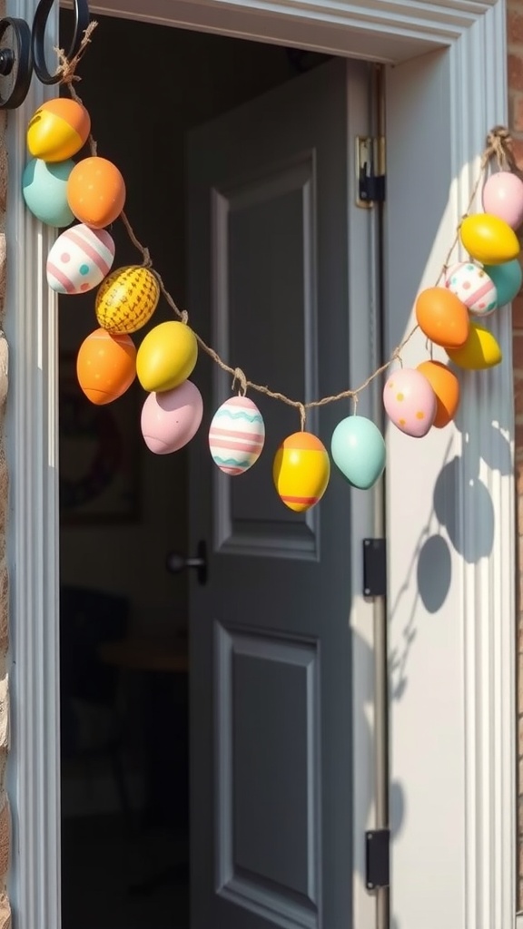 Colorful Easter egg garland hanging at a doorway